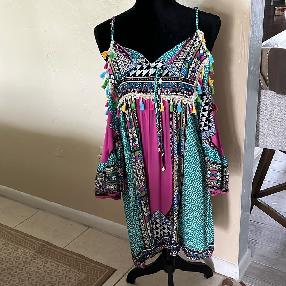 Velzera boho peasant cold shoulder mini dress multi color fringe tassels SM